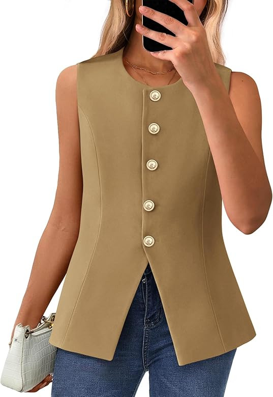 BTFBM Summer Sleeveless Blazer Vest For Women Dressy Button Down Round Neck Business Casual Outfi... | Amazon (US)