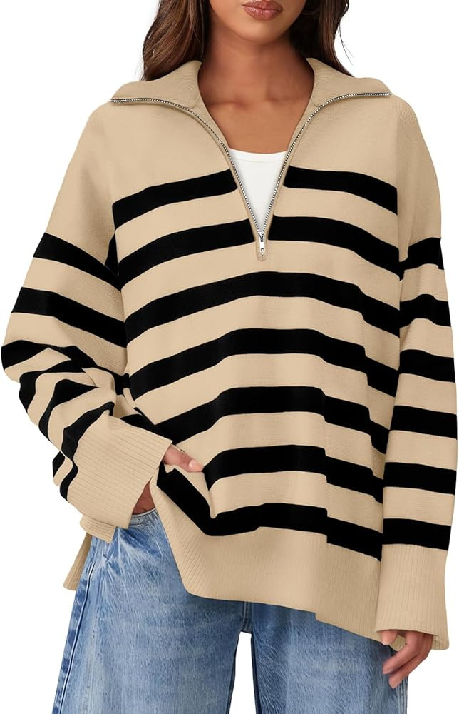 WIHOLL Womens Sweaters Long Sleeve Casual Half Zip Lapel Collar Stripe Pullover Tops Side Slit Sw... | Amazon (US)