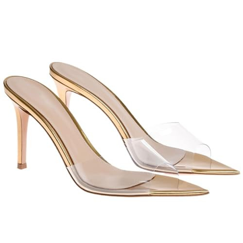 WYUETRA Women's Clear Pointed Toe Slingback Stilettos Heel Sandals Fashion Sexy Comfortable Summer Open Toe Backless Slip On Dress Slides Sandals for Casual Outdoor Party Work Wedding (Gold,8) | Amazon (US)