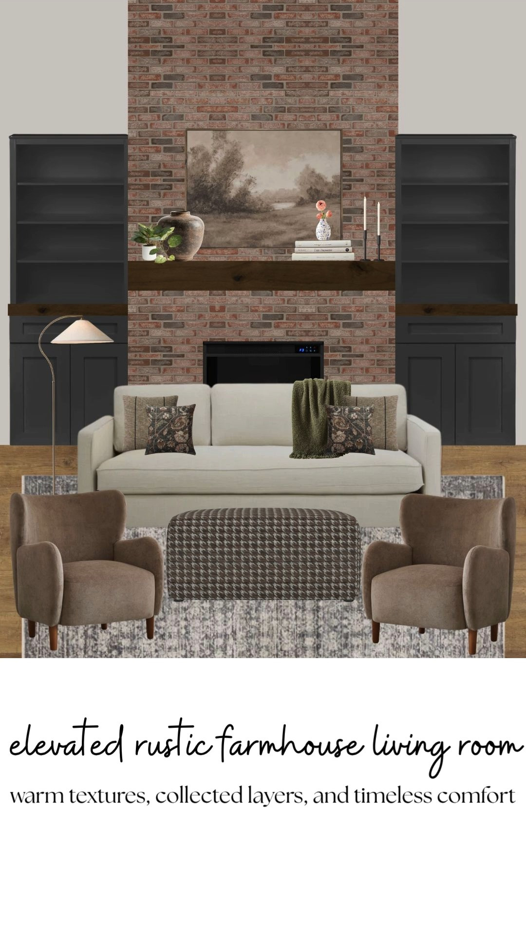 An elevated rustic farmhouse living room designed to feel warm, collected, and lived in.

This space layers earthy neutrals, warm wood tones, vintage-inspired textures, and soft moody contrast for a cozy living room that still feels refined and timeless. The brick fireplace, dark built-ins, warm accent chairs, and layered textiles give the room that designer-inspired collected home feel without losing the comfort of everyday living.

Perfect for anyone searching for rustic farmhouse living room ideas, cozy traditional interiors, warm collected home decor, moody farmhouse style, or timeless living room inspiration with a designer touch. 

 #LTKHome