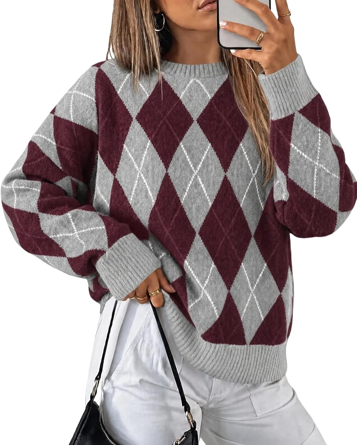 Tankaneo Womens Oversized Sweaters Long Sleeve Argyle Plaid Trendy Casual Fall Lightweight Knit Pullover Tops | Amazon (US)
