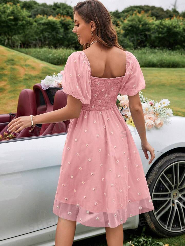 SHEIN Frenchy Floral Embroidery Puff Sleeve Mesh Overlay Dress | SHEIN