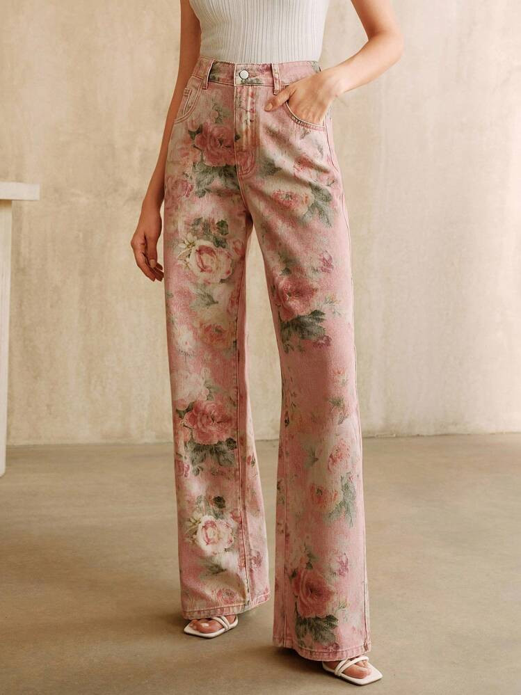 Anewsta Women's New Fashionable Printed Pink Straight Leg Jeans | SHEIN