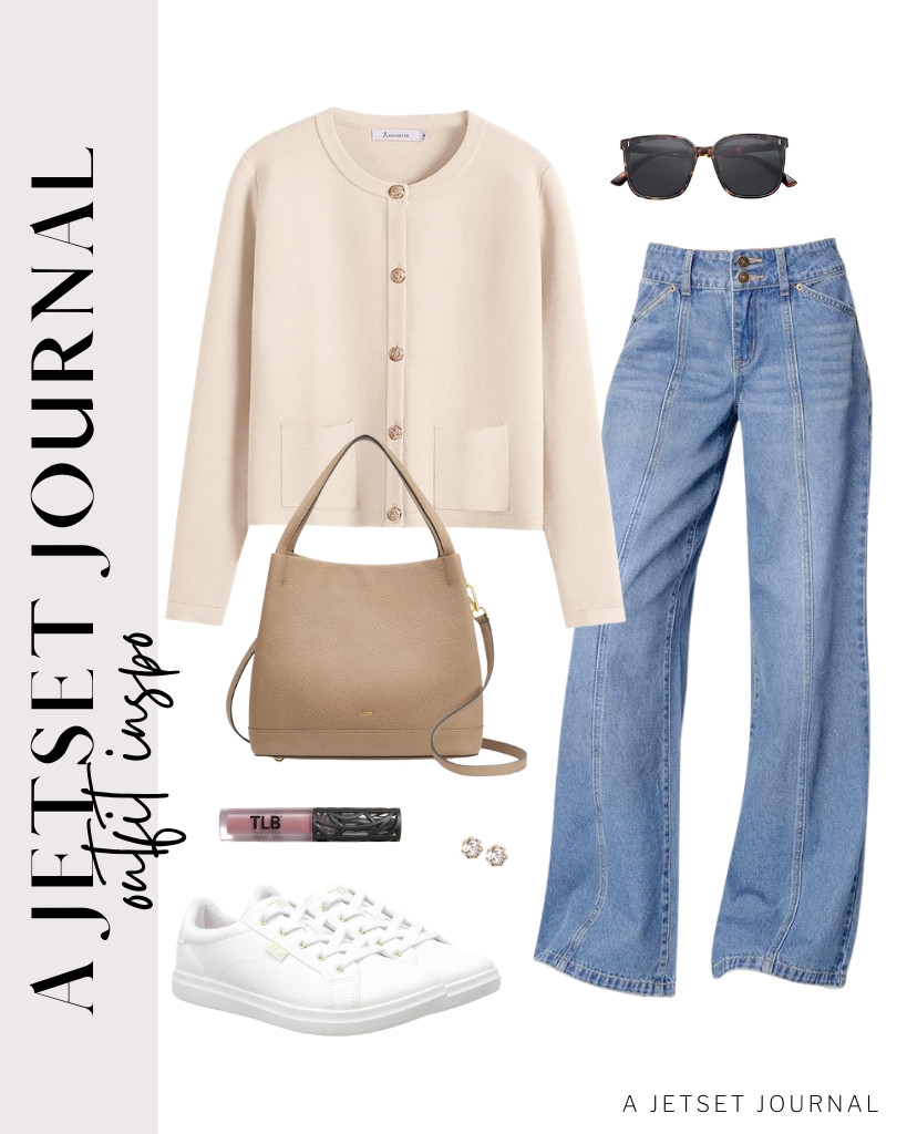A Kattee soft leather bucket bag pairs well with this cropped knit button-down cardigan and jeans. Skechers Bobs D’vine sneakers are the perfect footwear for this outfit. Style it with SOJOS sunnies and BBTO stud earrings. 

 #LTKSeasonal #LTKSaleAlert