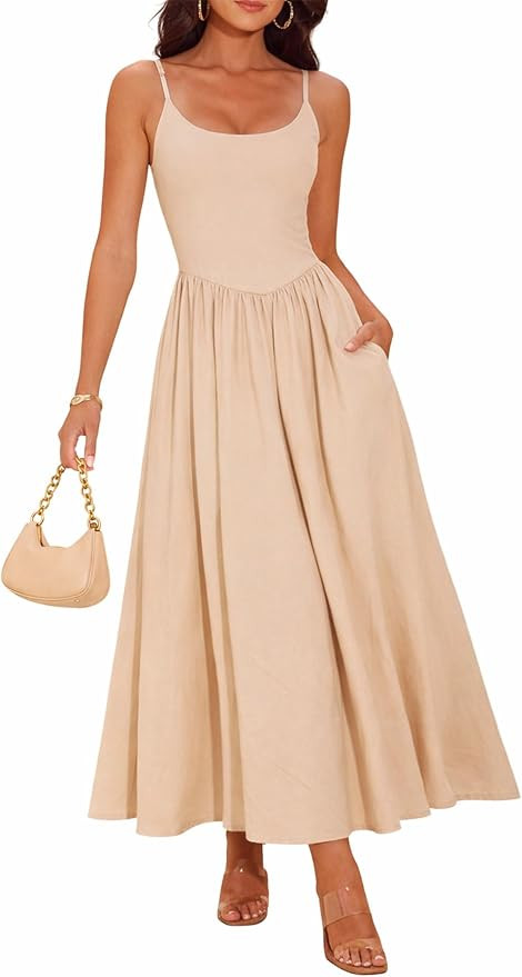 YUNDAI Women's Spaghetti Strap Maxi Dress with Pocket Sleeveless Flowy Summer Casual Dress       ... | Amazon (US)