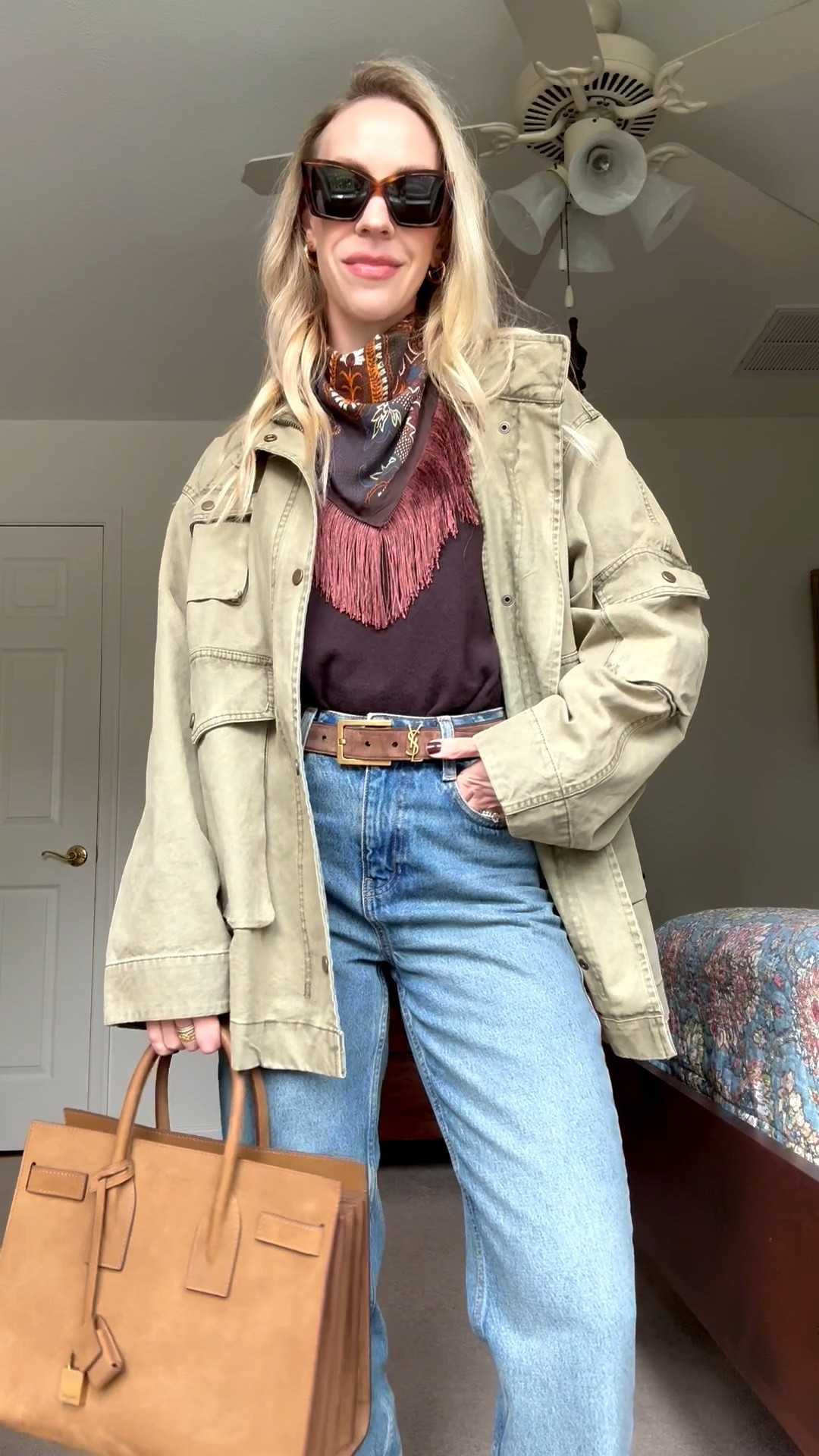 Western fall outfit, utility jacket, fringe scarf, suede YSL belt, fall 2026 trends

#LTKSeasonal #LTKOver40 #LTKootd