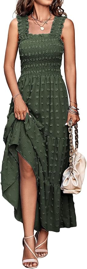 MASCOMODA Womens Boho Sleeveless Smocked Maxi Dress Solid Shoulder Strap Swiss Dot Tank A-Line Sw... | Amazon (US)