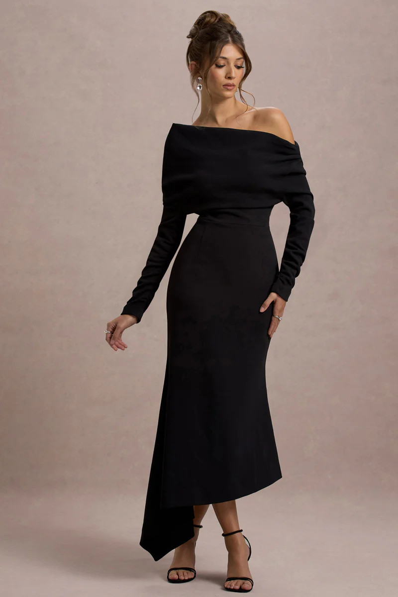 Lou  Black One-Shoulder Asymmetric Maxi Dress | Club L London