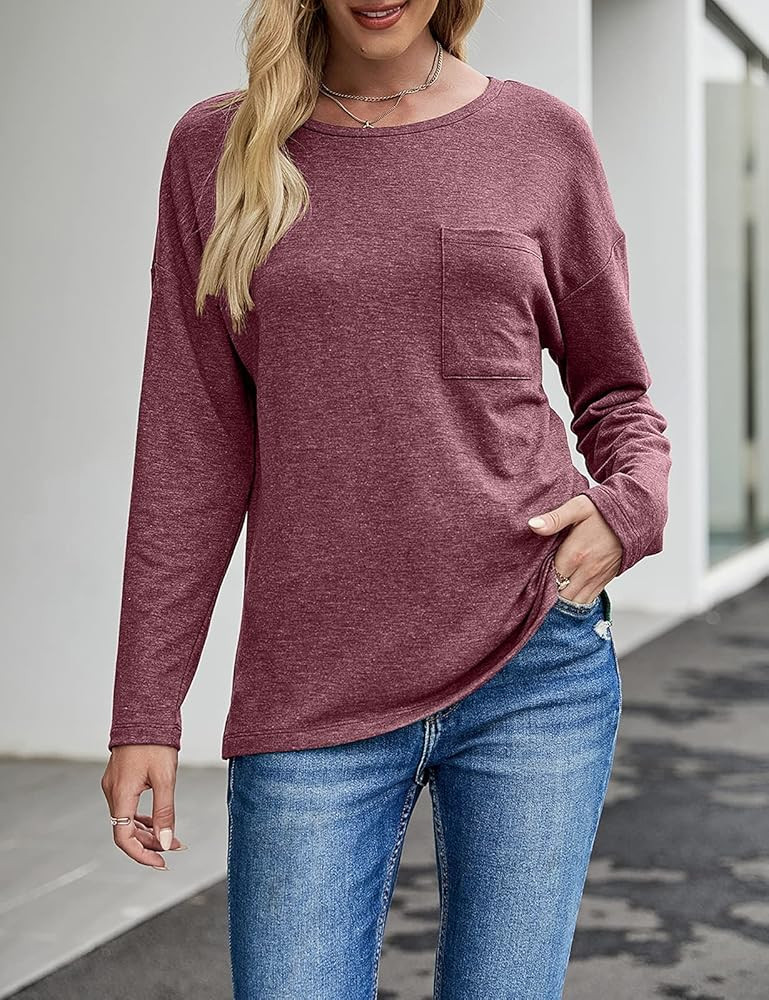 MEROKEETY Womens Casual Long Sleeve Crewneck Tops Solid Color Pullover Shirts with Pocket | Amazon (US)