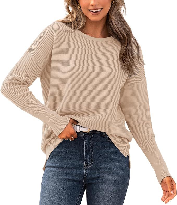 BTFBM Casual Women 2023 Fall Sweater Long Sleeve Ribbed Knit Pullover Loose Crewneck Batwing Spli... | Amazon (US)