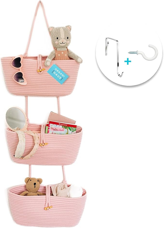 OrganiHaus Pink 3-Tier Wall Hanging Baskets for Pink Decor | Wall Storage Organizer Basket for Cl... | Amazon (US)