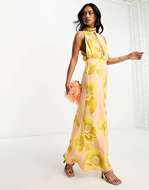 ASOS DESIGN plunge halter maxi dress in floral print | ASOS (Global)