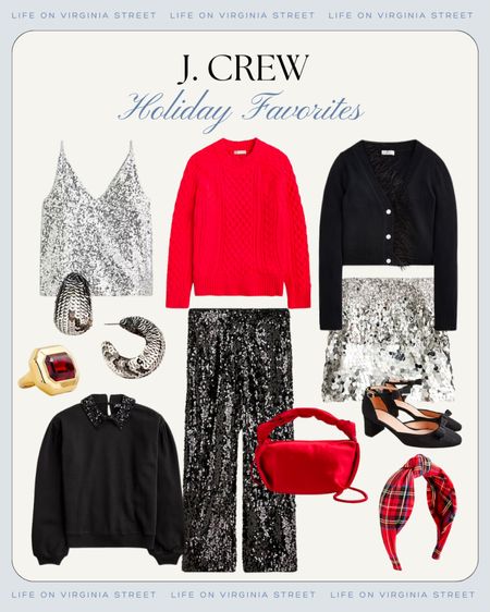 Sparkly and festive outfit ideas from J. Crew! Includes a sequined tank, cozy red sweater, black ruffle cardigan, sequined pants, velvet purse, plaid headband and sparkly jewels! And several items are currently on sale!
.
#ltkholiday #ltksalealert #ltkfindsunder50 #ltkfindsunder100 #ltkstyletip #ltkover40 #ltkmidsize #ltkhome #ltkseasonal #ltkitbag #ltkshoecrush Christmas outfit ideas, New Year’s outfit ideas, festive outfits 

#LTKSeasonal #LTKHoliday #LTKfindsunder100