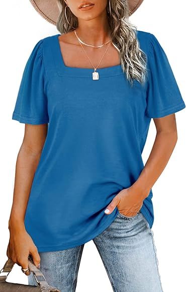 WIHOLL Womens Tops Casual Square Neck Puff Sleeve T Shirts Loose Fit | Amazon (US)