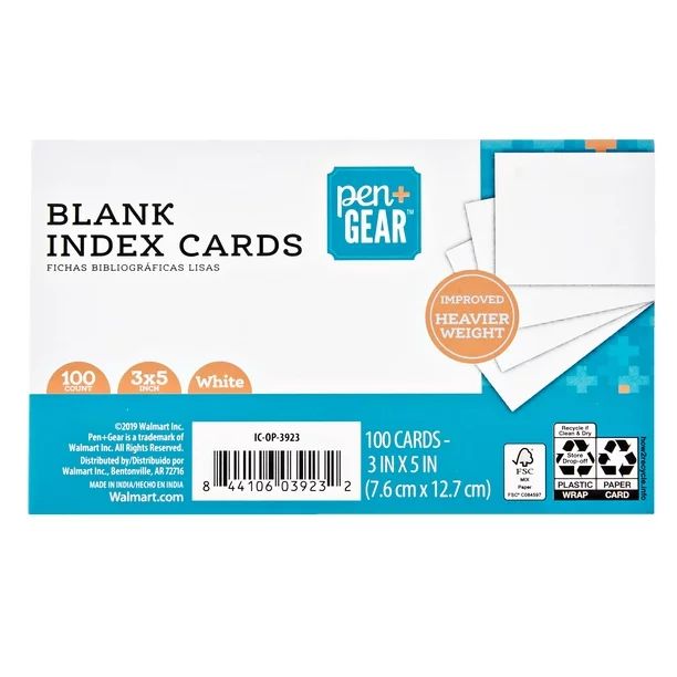 Pen + Gear Unruled Index Cards, White, 100 Count, 3" x 5" - Walmart.com | Walmart (US)