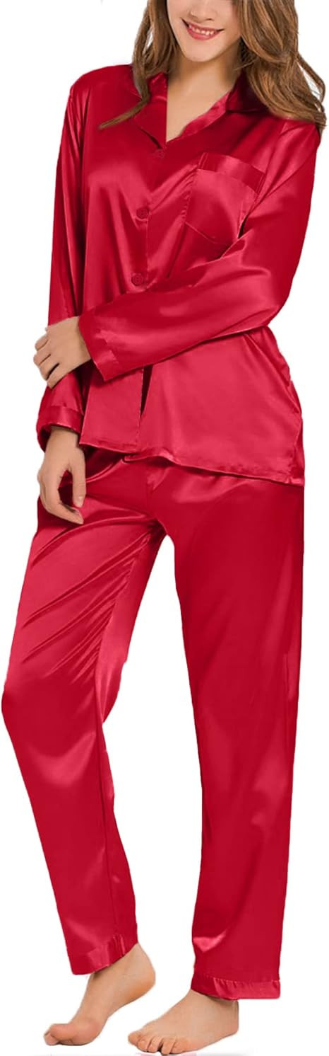 SWOMOG Long Sleeve Pajamas Set Silk Satin Sleepwear Button Down Pjs Loungewear with Pocket | Amazon (US)