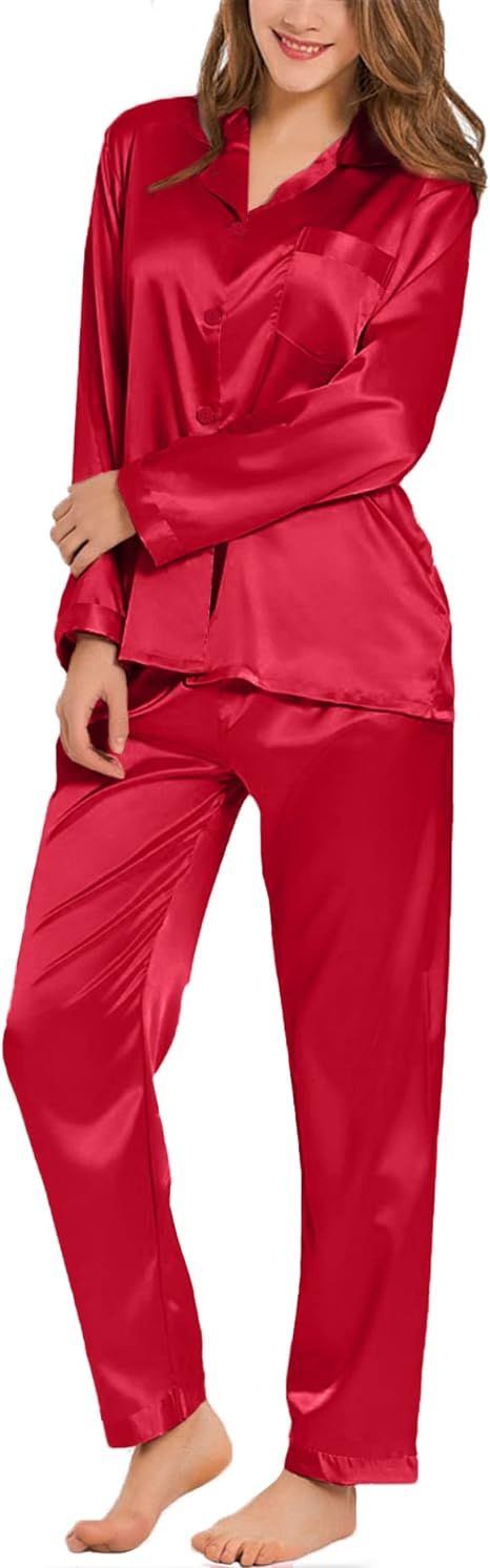 SWOMOG Long Sleeve Pajamas Set Silk Satin Sleepwear Button Down Pjs Loungewear with Pocket | Amazon (US)