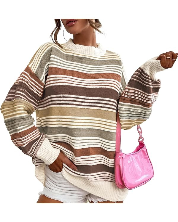Womens Contrast Striped Sweater Rainbow Cable Knit Pullover Oversized Crew Neck Color Block Knitt... | Amazon (US)