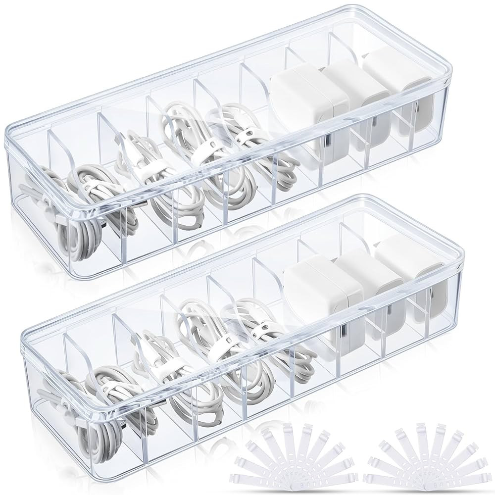 Tatuo 2 Pcs Cable Organizer with 20 Wire Ties,Clear Plastic Cord Charger Storage Box with Clear L... | Amazon (US)