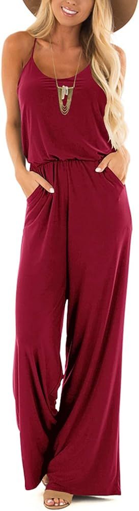 Womens Casual Loose Sleeveless Spaghetti Strap Wide Leg Pants Jumpsuit Rompers | Amazon (US)