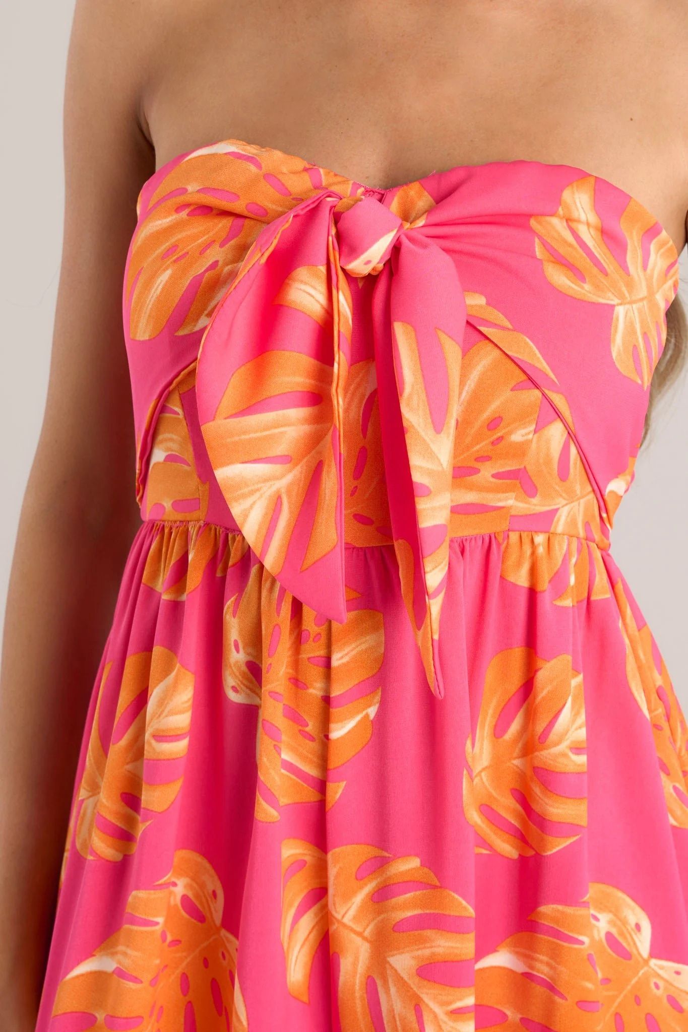 Beach Bliss Hot Pink & Orange Tropical Print Strapless Jumpsuit | Red Dress