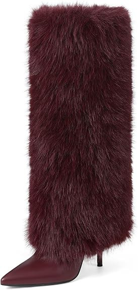 Womens Knee High Fur Boots Pointed Toe Fuzzy High Heel Dressy Fold Over Tall Boot for Women | Amazon (US)