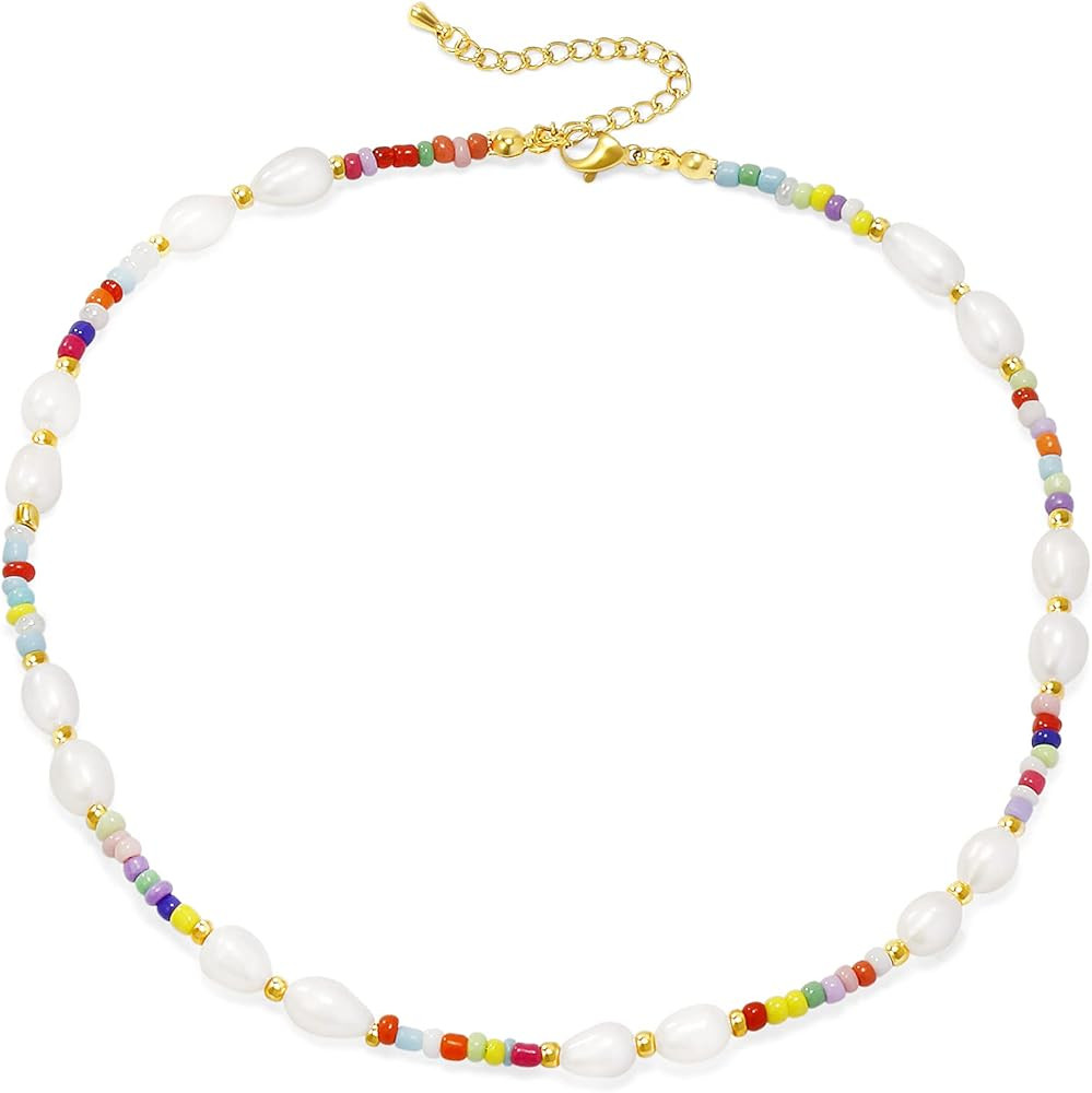 Wellike Freshwater Pearl Beaded Necklace for Women Handmade Boho Colorful Glass Beads Choker Neck... | Amazon (US)