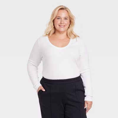 Women's Slim Fit Long Sleeve Scoop Neck Ribbed T-Shirt - A New Day™ White XXL | Target