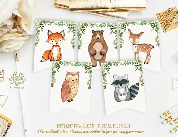 Cute Woodland Animals Printable Banner. Greenery Forest Birthday Baby Shower Decorations. Party B... | Etsy (US)