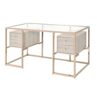 Huyana 28 in. Rectangular Clear Glass and Gold Wood 4-Drawer Writing Desk with-Drawers | The Home Depot