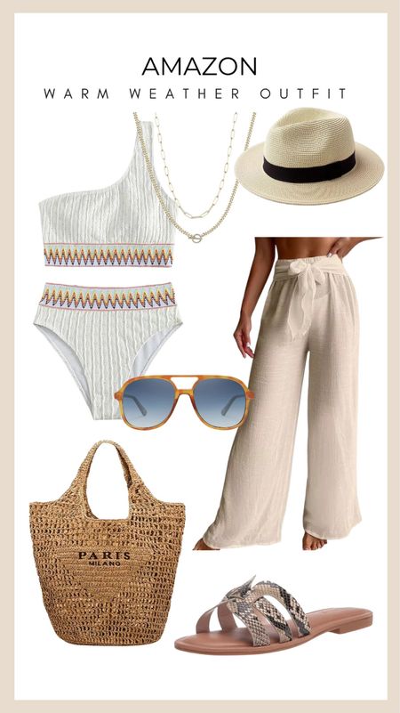 Embrace the warmth in style with this curated Amazon ensemble that's perfect for sun-soaked days. ☀️ Slip into the breezy charm of a striped one-shoulder swimsuit paired with flowing linen pants for a touch of elegance. Accessorize effortlessly with a chic layered necklace and a classic fedora that shouts vacation vibes. Keep your eyes shaded with these trendy sunglasses and complete the look with a statement rattan tote bag, ideal for all your beach essentials. And don't forget the sandals—these snake-print slides are all about comfort meeting style. Ready to soak up the sun?  #AmazonFashionFinds #WarmWeatherReady #BeachChic

#LTKfindsunder50 #LTKswim #LTKstyletip