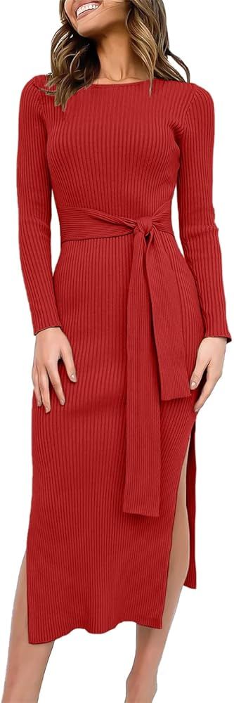 ANRABESS Women's 2023 Fall Elegant Sweater Dress Long Sleeve Crewneck Tie Waist Slim Rib Knit Sli... | Amazon (US)