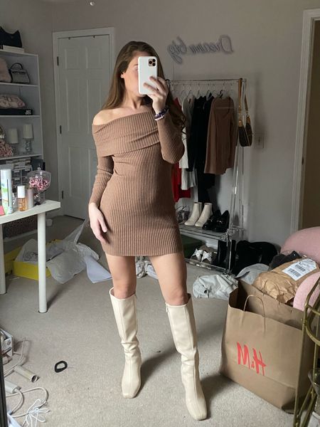 Tony bianco butter boot doop! On sale for $75 with extra $15 off coupon on famous footwear! Beige tall boots for winter. Winter fashion winter ootd style. Sweater dress off the shoulder ribbed dress Shein! Affordable fashion inspo

#LTKfindsunder100 #LTKGiftGuide #LTKSeasonal