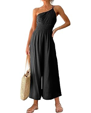 ANRABESS Women's Summer Straps One Shoulder High Waist Casual Wide Leg Linen Jumpsuit Romper with... | Amazon (US)