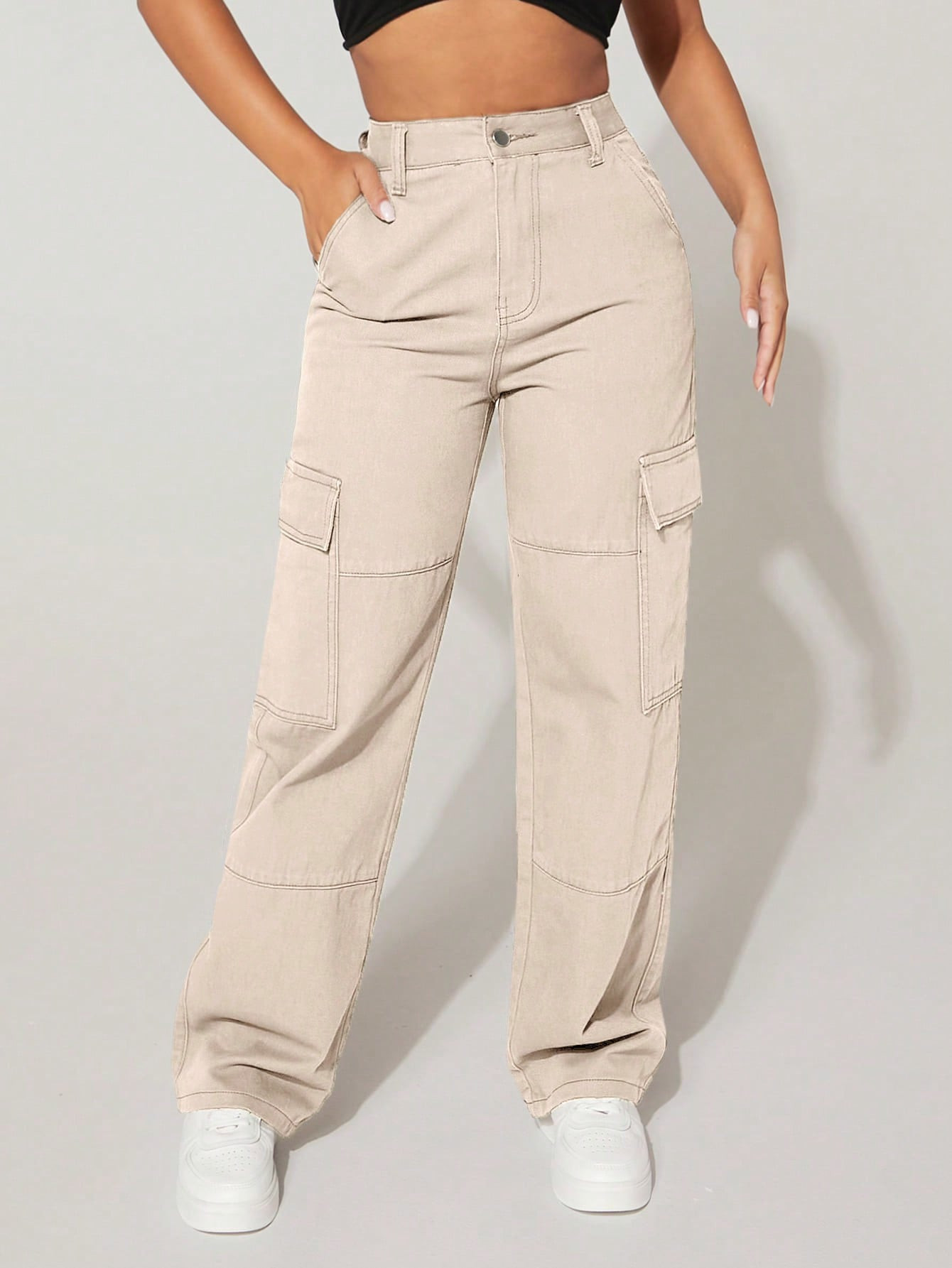 SHEIN PETITE High Waist Flap Pocket Side Cargo Jeans | SHEIN