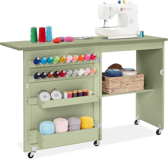Best Choice Products Folding Sewing Table Multipurpose Craft Station & Side Desk with Compact Design, Wheels, Shelves, Storage Trays, Pegs, Magnetic Doors, Metal Doorknobs - Light Green | Amazon (US)