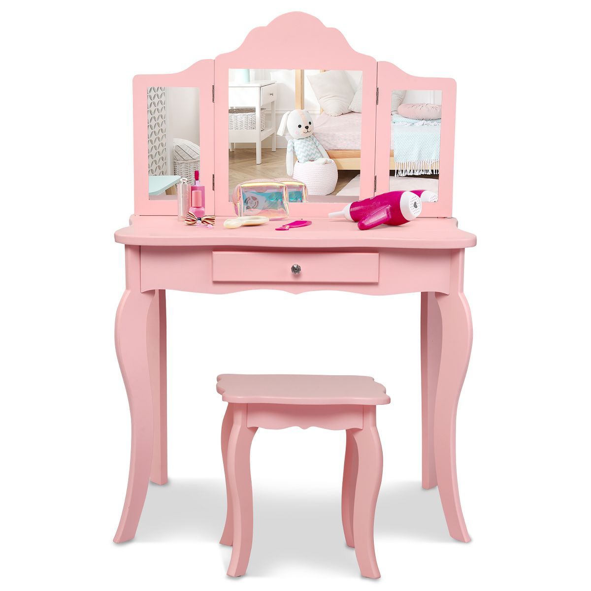 Costway Kids Vanity Table & Stool Princess Dressing Make Up Play Set for Girls Pink | Target