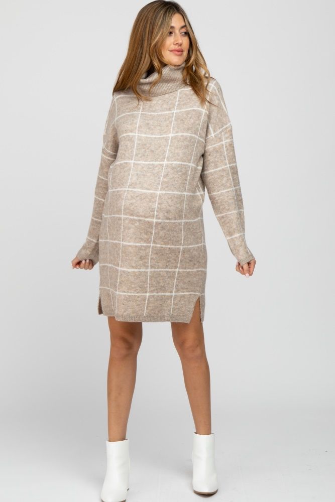 Taupe Grid Knit Maternity Sweater Dress | PinkBlush Maternity