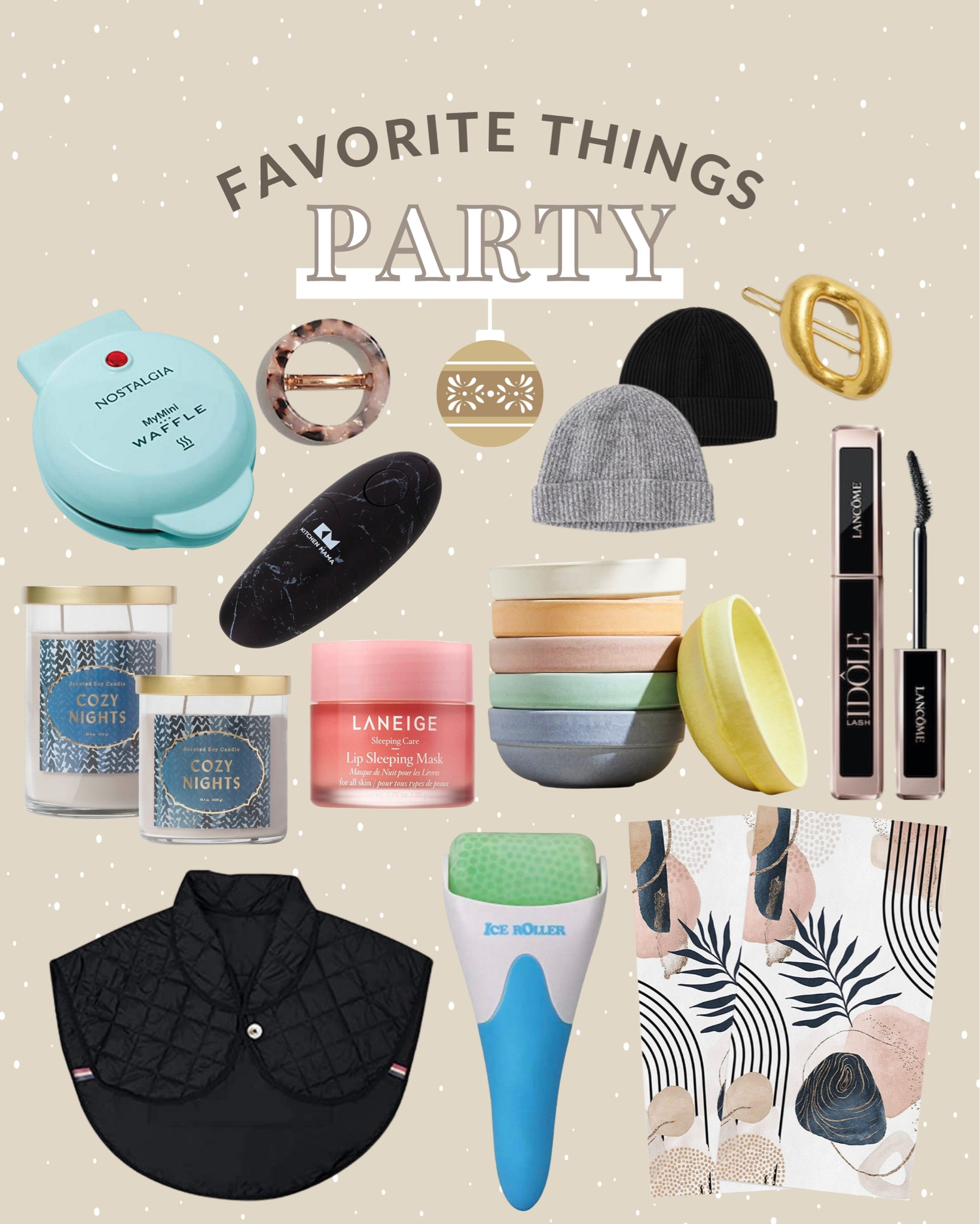 party inspo, holiday party, holiday party inspo, under $20, anthropologie bowls, abercrombie beanie, madewell hair accessories, waffle maker, can opener, laniege, lancome mascara, shoulder warmer, microfiber towels, ice roller, cozy night candle #LTKHoliday #LTKGiftGuide #LTKSeasonal