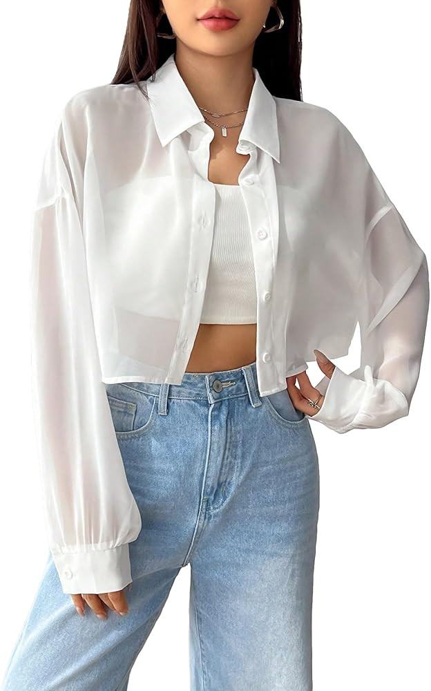 Milumia Women's Casual Long Sleeve Sheer Mesh Crop Jacket Button Down Shirt | Amazon (US)