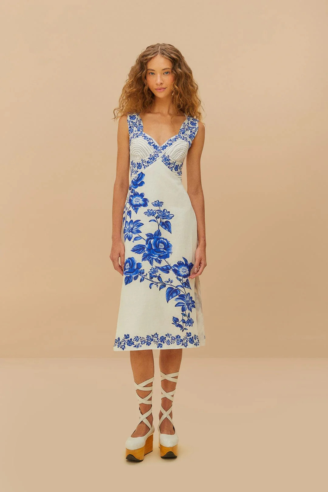Off-White Floral Cascade Wavy Euroflax Premium Linen Midi Dress | FarmRio (US)