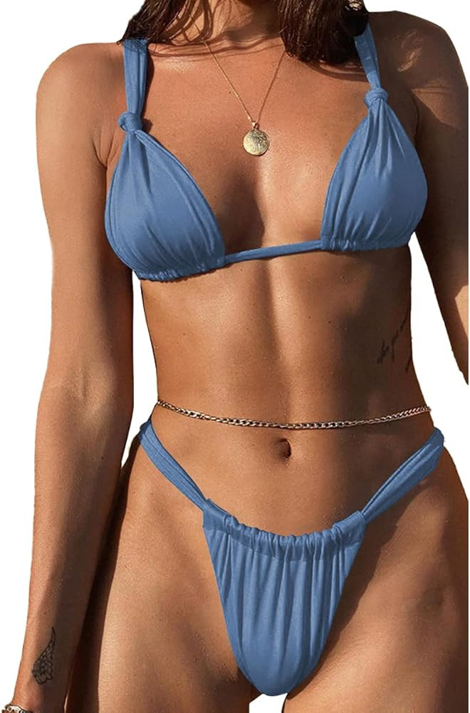 Rooscier Women's Retro Halter Triangle Top Push Up 2 Piece String Bikini Set Swimsuits | Amazon (US)