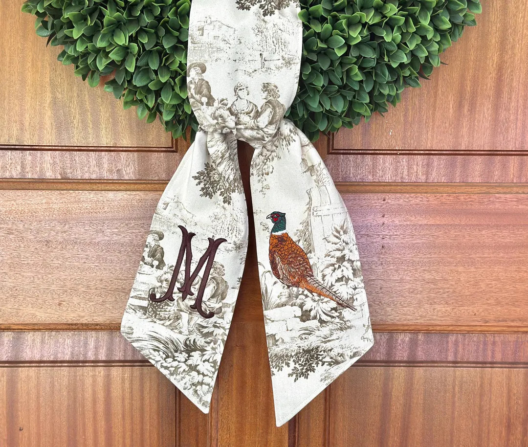 Personalized Taupe Toile Pheasant Wreath Sash: Grandmillennial Fall Decor - Etsy | Etsy (US)