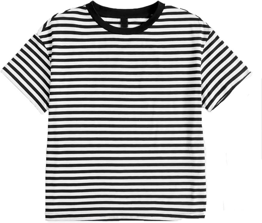 SweatyRocks Women's Casual Loose Short Sleeve Round Neck Striped Tee Shirt Top | Amazon (US)