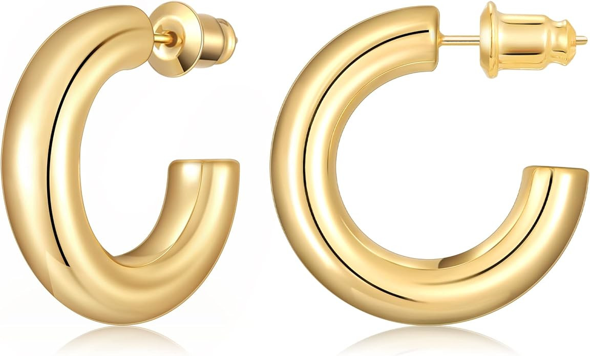 Gacimy Chunky Gold Hoop Earrings for Women 14K Real Gold Plated, 925 Sterling Silver Post Hoops f... | Amazon (US)