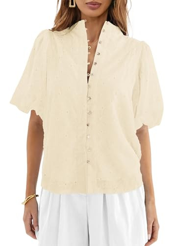 Lazysmile Summer Boho Tops for Women Short Sleeve V Neck Button Down Hollow Out Lace Embroidered ... | Amazon (US)