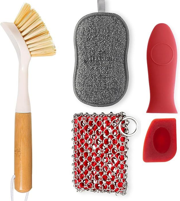 TEZZ 5 Pieces Cast Iron Cleaner Kit Include Stainless Steel Chainmail Scrubber, Dish Scrub Brush,... | Amazon (US)