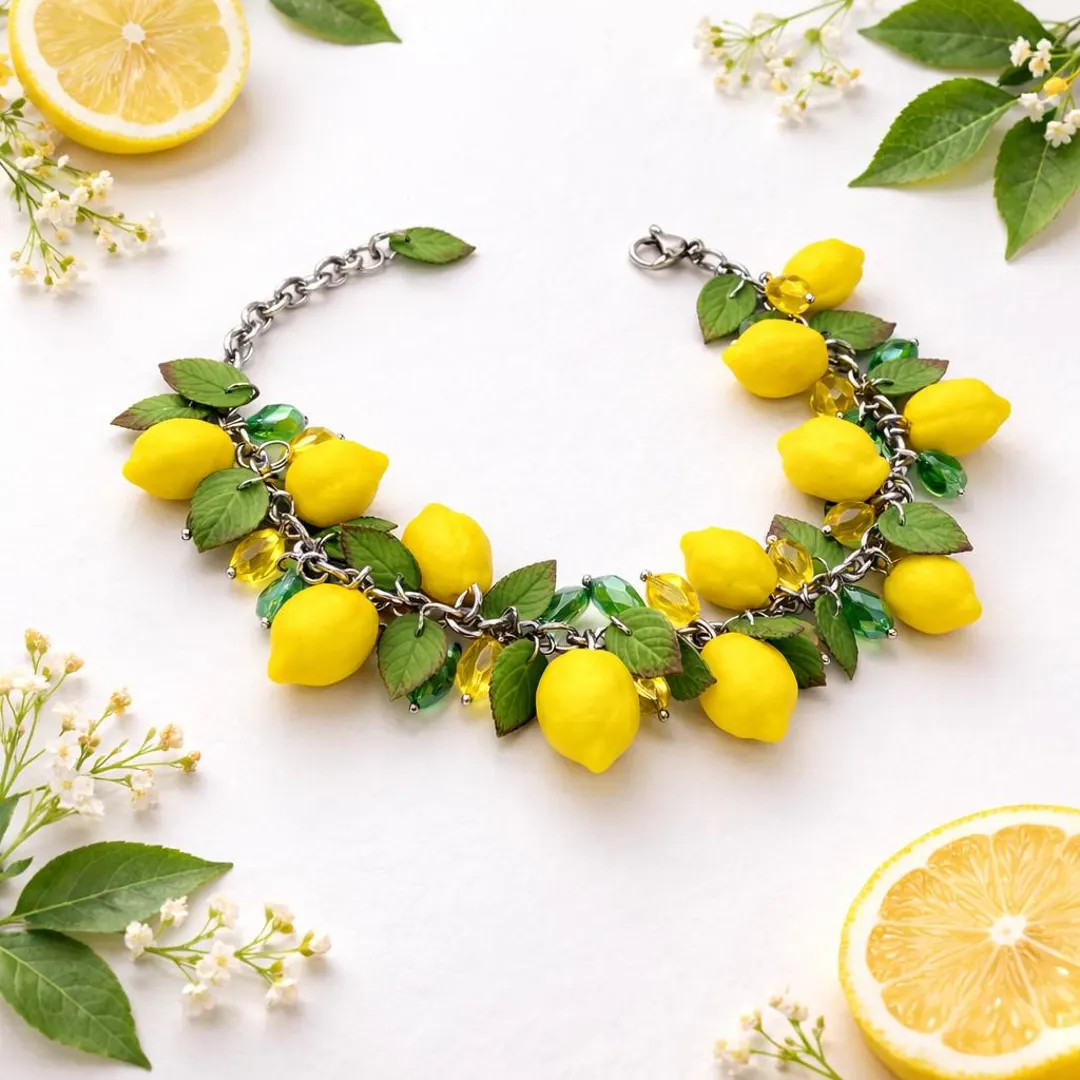 Lemon Charm Bracelet Handmade Polymer Clay Jewelry Summer Citrus Yellow Fruit Statement Jewellery... | Etsy (US)