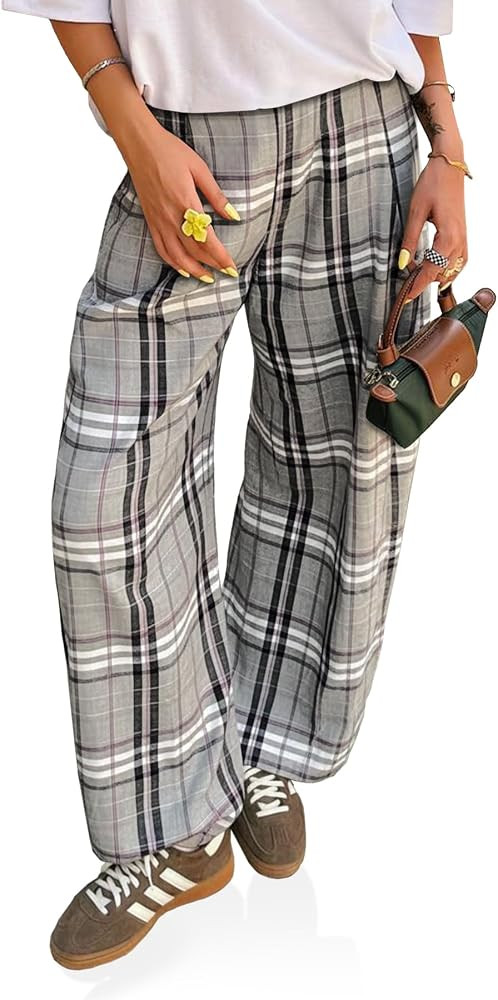 Cicy Bell Womens Wide Leg Pants High Wiasted Casual Baggy Palazzo Elastic Plaid Pants Trousers | Amazon (US)