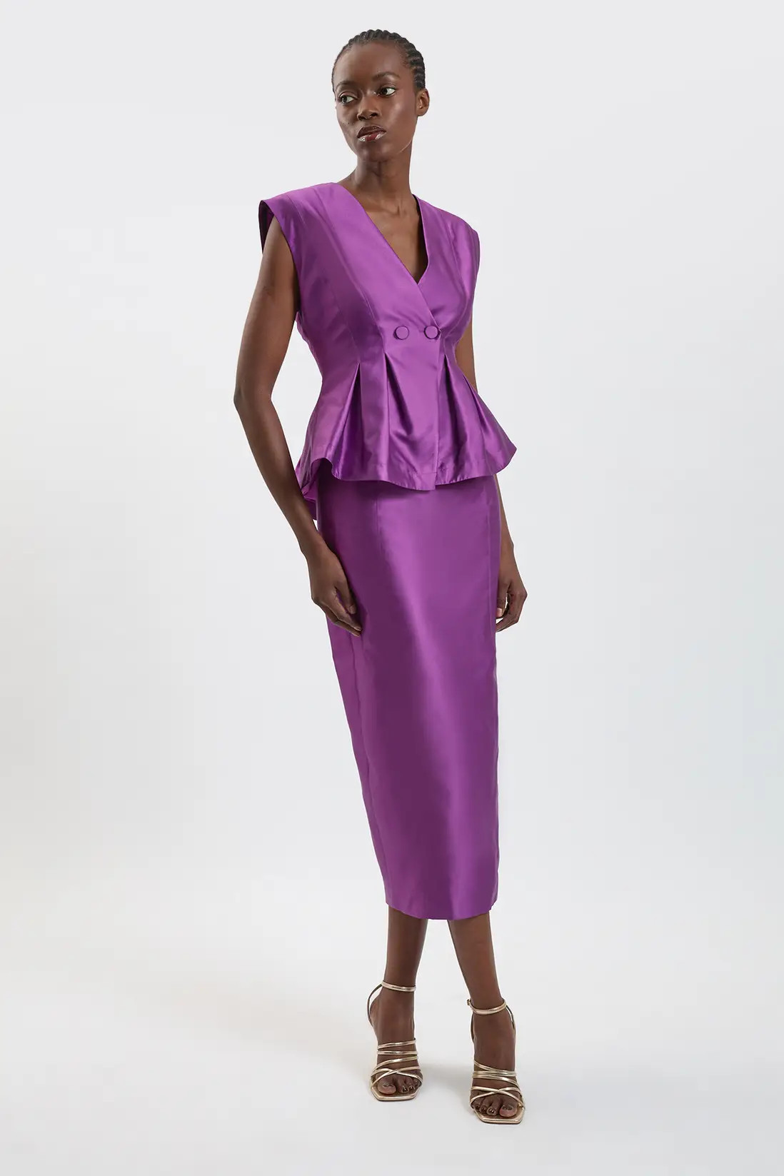 Magenta Structured Satin Peplum Midi Dress | Karen Millen | Karen Millen